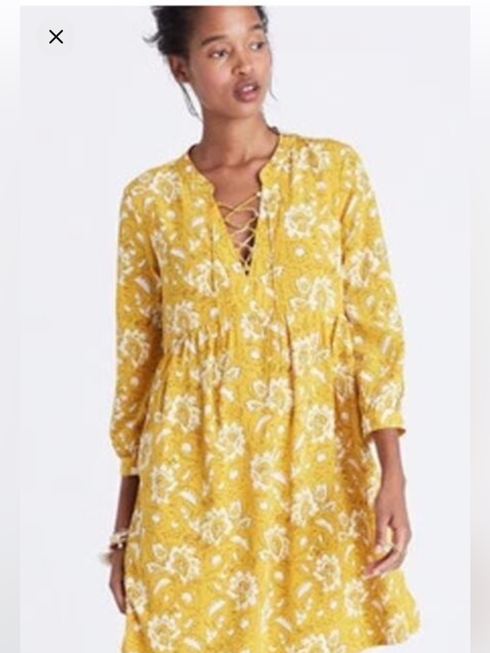 Madewell Silk Mustard Yellow Floral Lace-UpNeck Dress M Boho Bohemia Cottagocore
